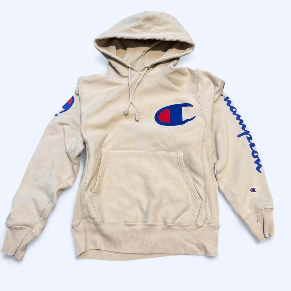 Champion Reverse Weave Hoodie Cream Script Logo Size Small